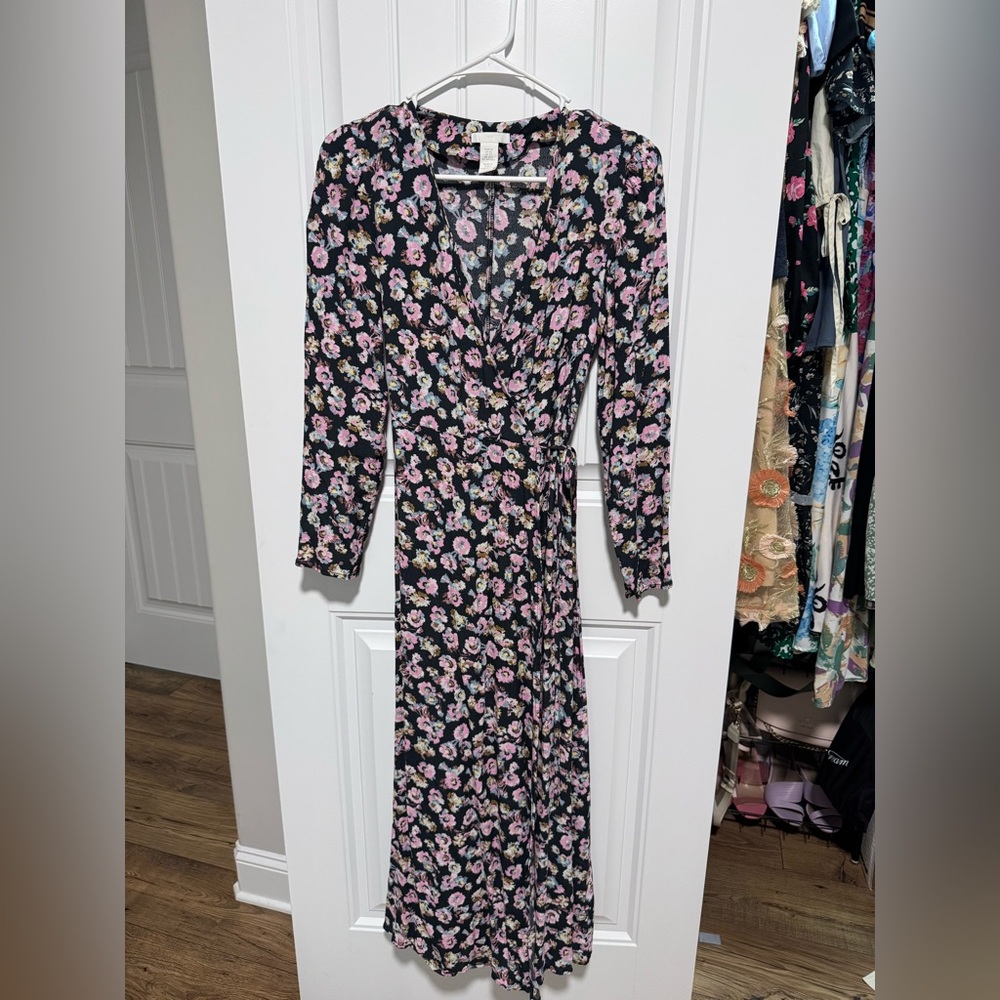 H&M Black and Pink Floral Long Sleeve Dress